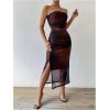 imageSHENHE Womens Mesh Strapless Split Thigh Ruched Bodycon Sexy Maxi Tube Dress with Slit Brown Multi Medium