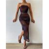 imageSHENHE Womens Mesh Strapless Split Thigh Ruched Bodycon Sexy Maxi Tube Dress with Slit Brown Multi Medium