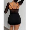 imageSHENHE Womens Sexy 2 Piece Outfits Mesh Long Sleeve Sheer Halter Bodysuit and Mini Skirt SetLight Black