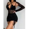 imageSHENHE Womens Sexy 2 Piece Outfits Mesh Long Sleeve Sheer Halter Bodysuit and Mini Skirt SetLight Black