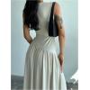 imageSHENHE Womens Sleeveless Drop Waist Ruched Maxi Dress Elegant A Line Flowy Asymmetrical Long Tank DressApricot