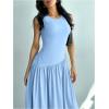 imageSHENHE Womens Sleeveless Drop Waist Ruched Maxi Dress Elegant A Line Flowy Asymmetrical Long Tank DressBlue