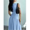 imageSHENHE Womens Sleeveless Drop Waist Ruched Maxi Dress Elegant A Line Flowy Asymmetrical Long Tank DressBlue