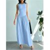 imageSHENHE Womens Sleeveless Drop Waist Ruched Maxi Dress Elegant A Line Flowy Asymmetrical Long Tank DressBlue