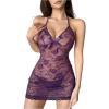 imageSHENHE Womens Babydoll Lingerie Lace Chemise Halter Sheer Nightgown Nightdress with ThongPurple