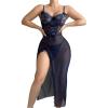imageSHENHE Womens Lace Babydoll Lingerie Mesh Slip Dress High Slit Sheer Long Nightgown ChemiseDark Blue