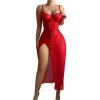 imageSHENHE Womens Lace Babydoll Lingerie Mesh Slip Dress High Slit Sheer Long Nightgown ChemiseRed