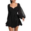 imageSHENHE Womens Lantern Sleeve Sweetheart Neck Belted Flowy Mini Dress Elegant Tie Back DressBlack
