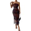 imageSHENHE Womens Mesh Strapless Split Thigh Ruched Bodycon Sexy Maxi Tube Dress with Slit Brown Multi Medium