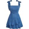 imageSHENHE Womens Tie Shoulder Sleeveless Denim Mini Dress Layered Ruffle Hem Jean DressBlue