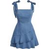 imageSHENHE Womens Tie Shoulder Sleeveless Denim Mini Dress Layered Ruffle Hem Jean DressLight Wash
