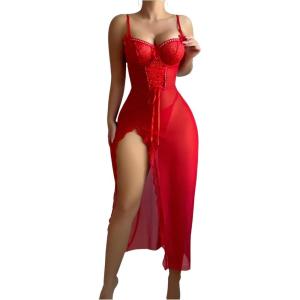 imageSHENHE Womens Lace Babydoll Lingerie Mesh Slip Dress High Slit Sheer Long Nightgown ChemiseRed