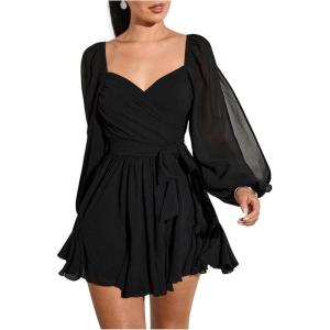 imageSHENHE Womens Lantern Sleeve Sweetheart Neck Belted Flowy Mini Dress Elegant Tie Back DressBlack