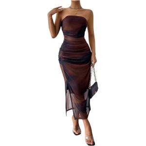 imageSHENHE Womens Mesh Strapless Split Thigh Ruched Bodycon Sexy Maxi Tube Dress with Slit Brown Multi Medium