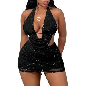 imageSHENHE Womens Sexy 2 Piece Outfits Mesh Long Sleeve Sheer Halter Bodysuit and Mini Skirt SetBlack