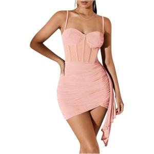 imageSHENHE Womens Sexy Mesh Bustier Corset Top Ruched Bodycon Draped Party Night Mini DressPink