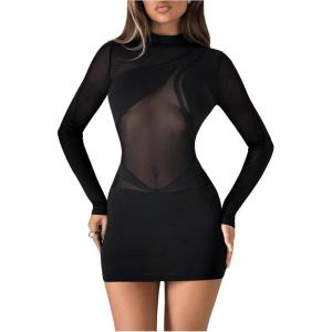imageSHENHE Womens Sheer Mesh Sexy Dress Long Sleeve Mock Neck Bodycon Party Night Mini DressBlack