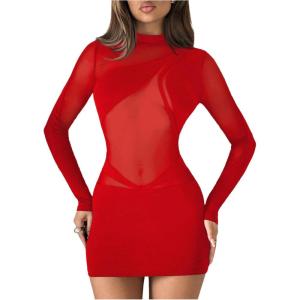 imageSHENHE Womens Sheer Mesh Sexy Dress Long Sleeve Mock Neck Bodycon Party Night Mini DressRed