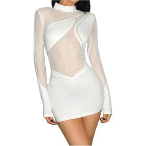 imageSHENHE Womens Sheer Mesh Sexy Dress Long Sleeve Mock Neck Bodycon Party Night Mini DressWhite