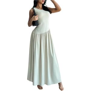 imageSHENHE Womens Sleeveless Drop Waist Ruched Maxi Dress Elegant A Line Flowy Asymmetrical Long Tank DressApricot