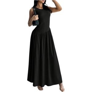 imageSHENHE Womens Sleeveless Drop Waist Ruched Maxi Dress Elegant A Line Flowy Asymmetrical Long Tank DressBlack