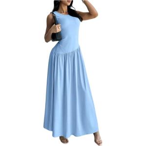 imageSHENHE Womens Sleeveless Drop Waist Ruched Maxi Dress Elegant A Line Flowy Asymmetrical Long Tank DressBlue