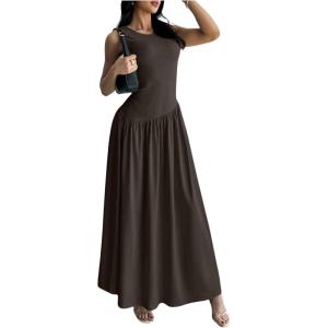 imageSHENHE Womens Sleeveless Drop Waist Ruched Maxi Dress Elegant A Line Flowy Asymmetrical Long Tank DressCoffee Brown