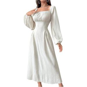imageSHENHE Womens Square Neck Lantern Sleeve Lace Up Renaissance Dress A Line Flowy Long Dress Apricot Small