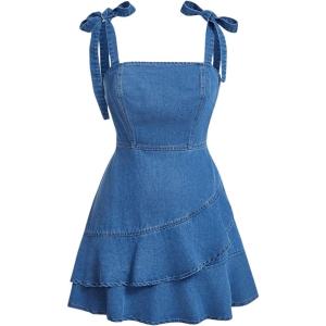 imageSHENHE Womens Tie Shoulder Sleeveless Denim Mini Dress Layered Ruffle Hem Jean DressBlue