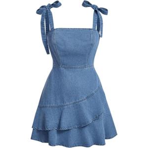 imageSHENHE Womens Tie Shoulder Sleeveless Denim Mini Dress Layered Ruffle Hem Jean DressLight Wash
