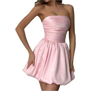 imageSHENHE Womens Y2k Strapless Bubble Dress Smocked Puffy Summer Tube Dress SundressesPink