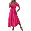 imageSHENHE Womens Summer Short Puff Sleeve Square Neck Smocked Tiered Ruffle Boho SundressHot Pink