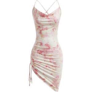 imageSHENHE Womens Floral Tie Dye Criss Cross Backless Ruched Drawstring Bodycon Cowl Neck DressLight Pink
