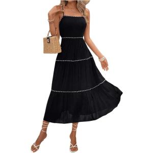 imageSHENHE Womens Flowy Maxi Dress Tiered Ruffle Hem Spaghetti Strap Swing Long Cami DressBlack