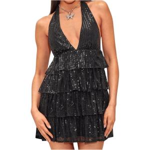 imageSHENHE Womens Glitter Sequin Halter Dress Deep V Backless Sparkle Party Night Flapper DressBlack
