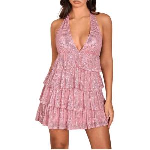 imageSHENHE Womens Glitter Sequin Halter Dress Deep V Backless Sparkle Party Night Flapper DressPink