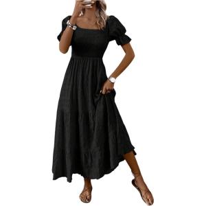 imageSHENHE Womens Summer Short Puff Sleeve Square Neck Smocked Tiered Ruffle Boho SundressBlack