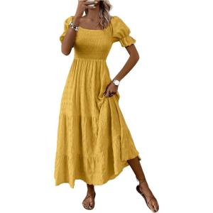 imageSHENHE Womens Summer Short Puff Sleeve Square Neck Smocked Tiered Ruffle Boho SundressYellow