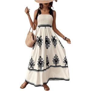 imageSHENHE Womens Tie Shoulder Smocked Flowy Maxi Dress Tribal Print Boho Vacation Sundress Apricot Medium
