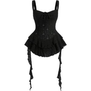 imageSHENHE Womens Y2k Layered Ruffle Hem Mini Dress Sweetheart Neck Eyelet Bustier DressBlack