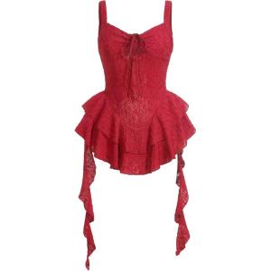 imageSHENHE Womens Y2k Layered Ruffle Hem Mini Dress Sweetheart Neck Eyelet Bustier DressBurgundy
