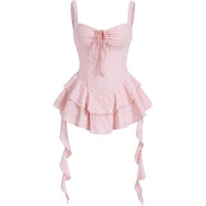 imageSHENHE Womens Y2k Layered Ruffle Hem Mini Dress Sweetheart Neck Eyelet Bustier DressPink
