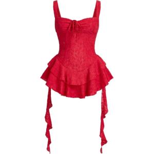 imageSHENHE Womens Y2k Layered Ruffle Hem Mini Dress Sweetheart Neck Eyelet Bustier DressRed
