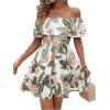 imageSHENHE Womens Off Shoulder Ruffle Trim Floral Tropical Dress A Line Flowy Mini DressWhite Green