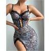 imageSHENHE Womens Zebra Print Split Thigh Mesh Babydoll Lingerie Dress Long Nightgown ChemiseMulticolor