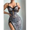 imageSHENHE Womens Zebra Print Split Thigh Mesh Babydoll Lingerie Dress Long Nightgown ChemiseMulticolor