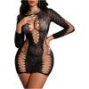 imageSHENHE Womens Fishnet Lingerie Dress Leopard Mesh Chemise Hollow Out Long Sleeve Babydoll DressBlack