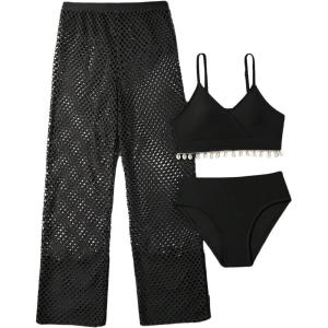 imageSHENHE Girls 3 Piece Bikini Sets Shell Decor V Neck Bathing Suit with Hollow Out Cover Up PantsBlack