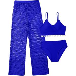 imageSHENHE Girls 3 Piece Bikini Sets Shell Decor V Neck Bathing Suit with Hollow Out Cover Up PantsBlue