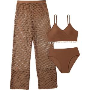 imageSHENHE Girls 3 Piece Bikini Sets Shell Decor V Neck Bathing Suit with Hollow Out Cover Up PantsCoffee Brown